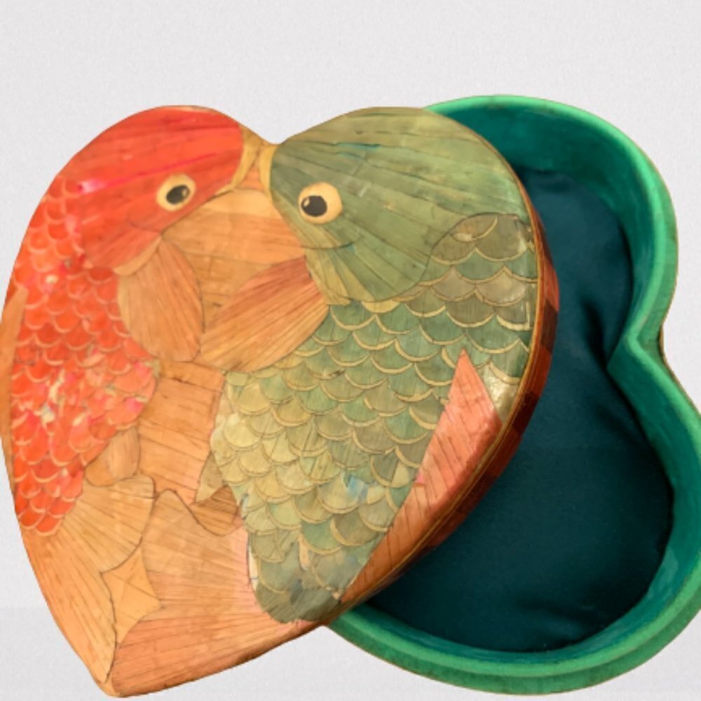 Hart Shaped Kissing Fish Red Yellow Trinket Box with Cover and Silk Lining
